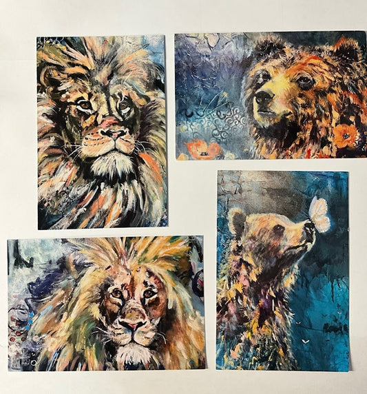 Bears & Lions Collection | Set of 4 Flat Fine Art Cards with Envelopes | Frameable Art Prints – Reproductions of Original Paintings | Sarah Andreas Art | Mixed Media Oil Painting