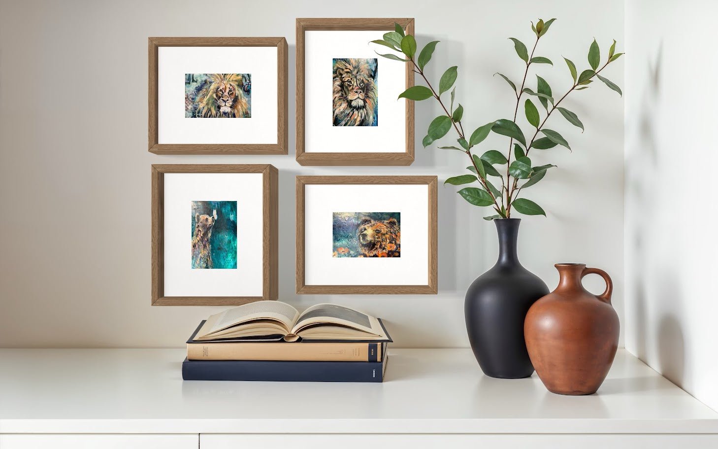 Bears & Lions Collection | Set of 4 Flat Fine Art Cards with Envelopes | Frameable Art Prints – Reproductions of Original Paintings | Sarah Andreas Art | Mixed Media Oil Painting