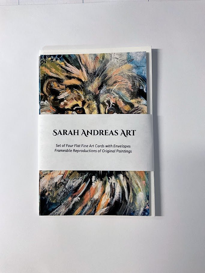 Bears & Lions Collection | Set of 4 Flat Fine Art Cards with Envelopes | Frameable Art Prints – Reproductions of Original Paintings | Sarah Andreas Art | Mixed Media Oil Painting