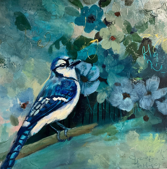 Melody of the Blue Jay | Sarah Andreas Art | Mixed Media Oil Painting