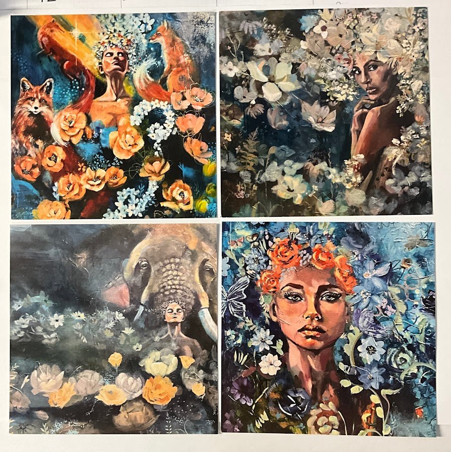 Voices of Wisdom Collection | Set of 4 Square Flat Fine Art Cards with Envelopes | Frameable Art Prints, Reproductions of Original Paintings | Sarah Andreas Art | Mixed Media Oil Painting