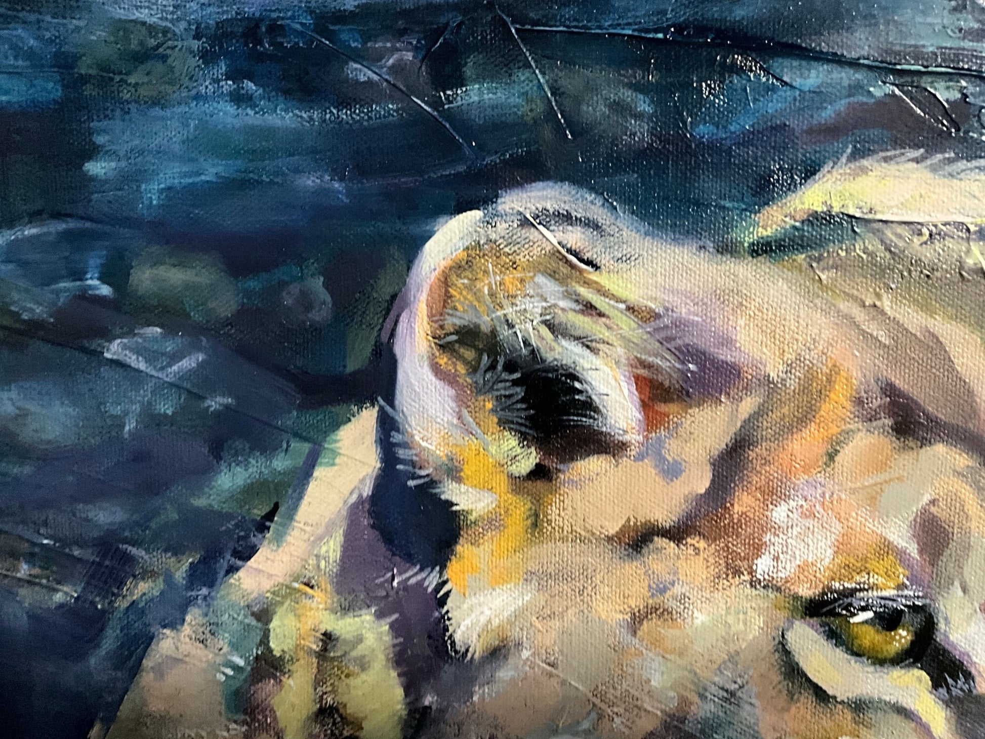 Blue Serenity: Lioness's Determination | Sarah Andreas Art | Mixed Media Oil Painting