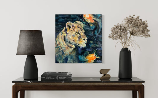 Blue Serenity: Lioness's Determination | Sarah Andreas Art | Mixed Media Oil Painting