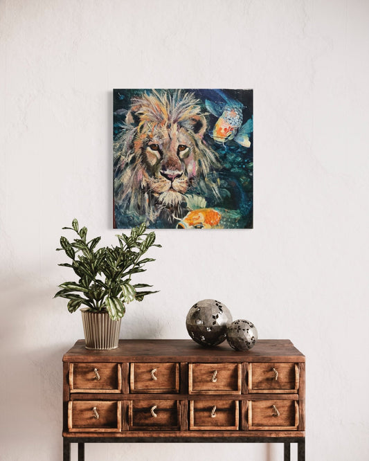 Blue Serenity: Lion's Courage | Sarah Andreas Art | Mixed Media Oil Painting