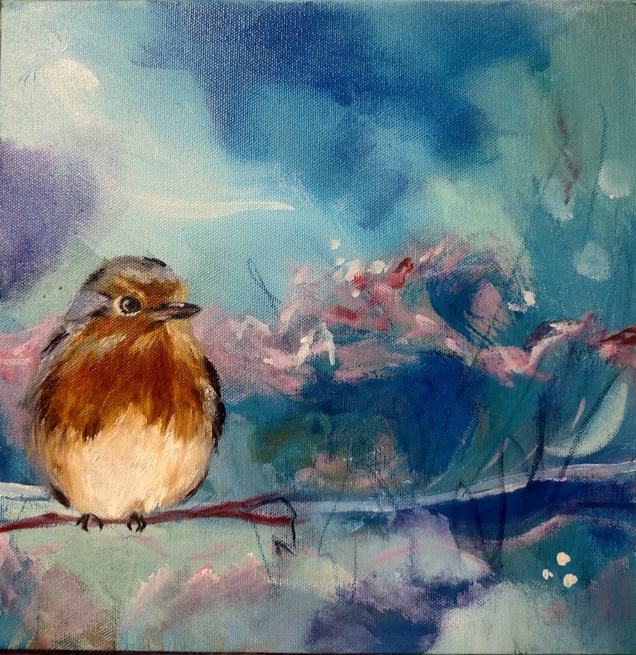 European Robin original oil painting by Sarah Andreas 12x12 canvas charming bird with orange-red breast