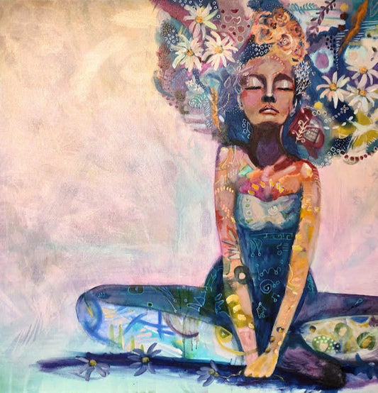 Daisies at Peace framed fine art print by Sarah Andreas meditation figure adorned with daisies in serene composition