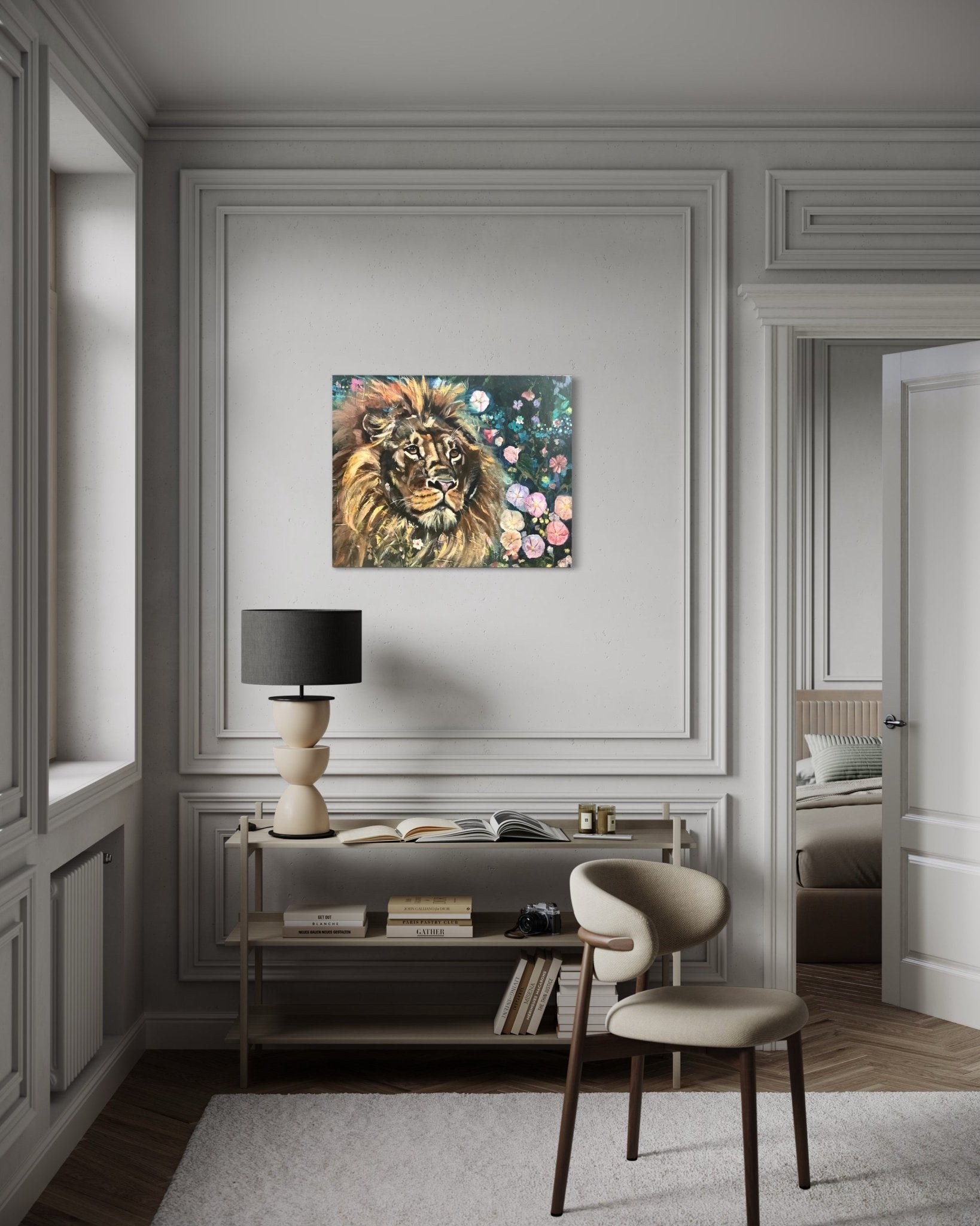 Majesty Among Morning Glories original mixed media oil painting by Sarah Andreas 30x24 lion surrounded by morning glory flowers from Courageous Hearts series