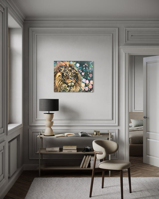Majesty Among Morning Glories original mixed media oil painting by Sarah Andreas 30x24 lion surrounded by morning glory flowers from Courageous Hearts series