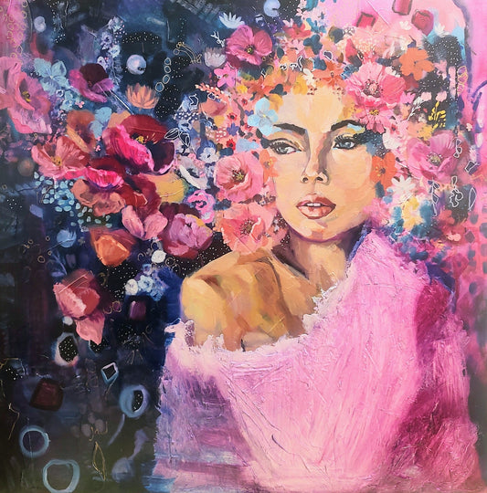 Pink Splendor original mixed media oil painting by Sarah Andreas 36x36 canvas with figure surrounded by pink blossoms