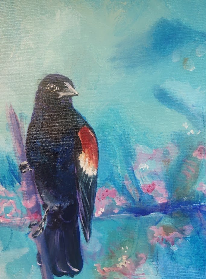 Red Wing Black Bird original oil painting by Sarah Andreas 14x11 canvas with blackbird against blue sky