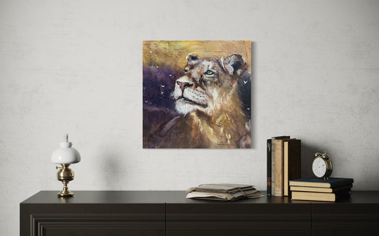Resolute Majesty original lioness oil painting by Sarah Andreas 20x20 mixed media from Courageous Heart series