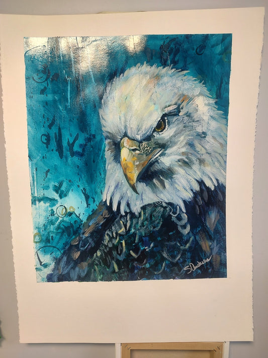Sovereign Skies - eagle art for freedom by Sarah Andreas showing majestic eagle in vibrant blue sky