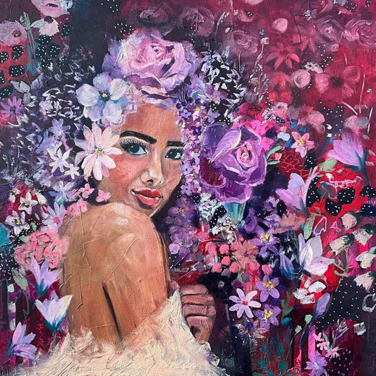 Splendor in Ordinary Moments - art celebrating ordinary moments by Sarah Andreas with woman in purple, red and pink florals