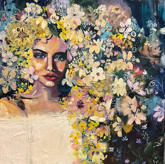 Splendor Thoughts - abundant floral portrait art by Sarah Andreas with woman surrounded by yellow and pink wildflowers