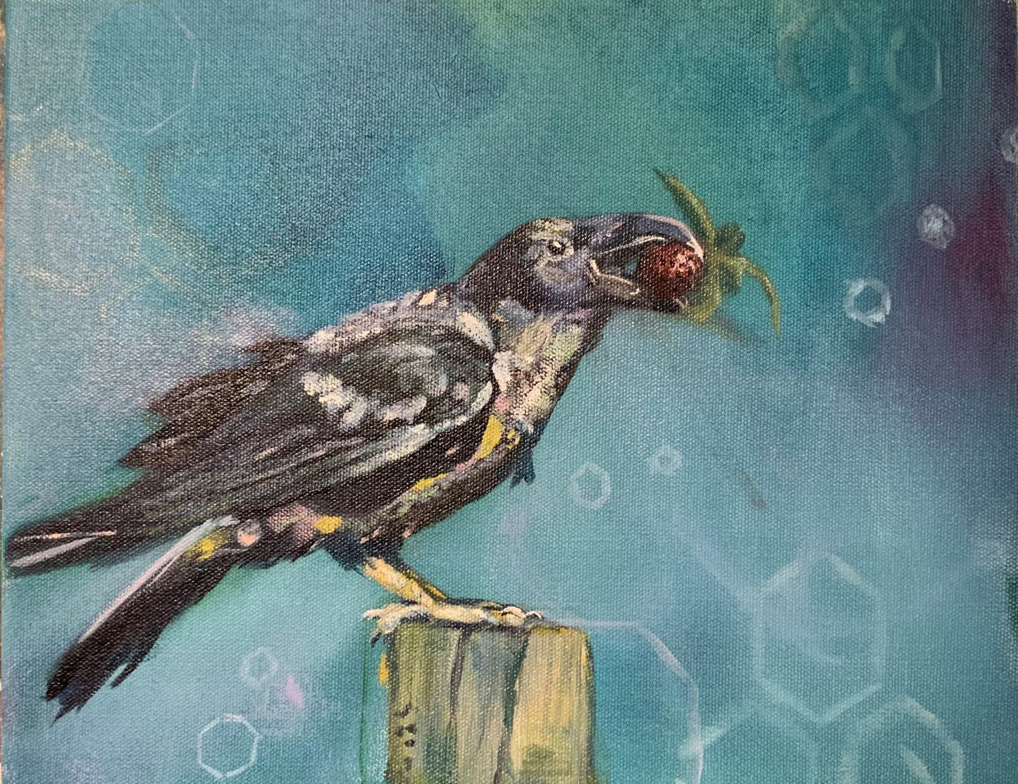 Strawberry Spring II - crow art with strawberry by Sarah Andreas showing crow holding ripe strawberry on fence post