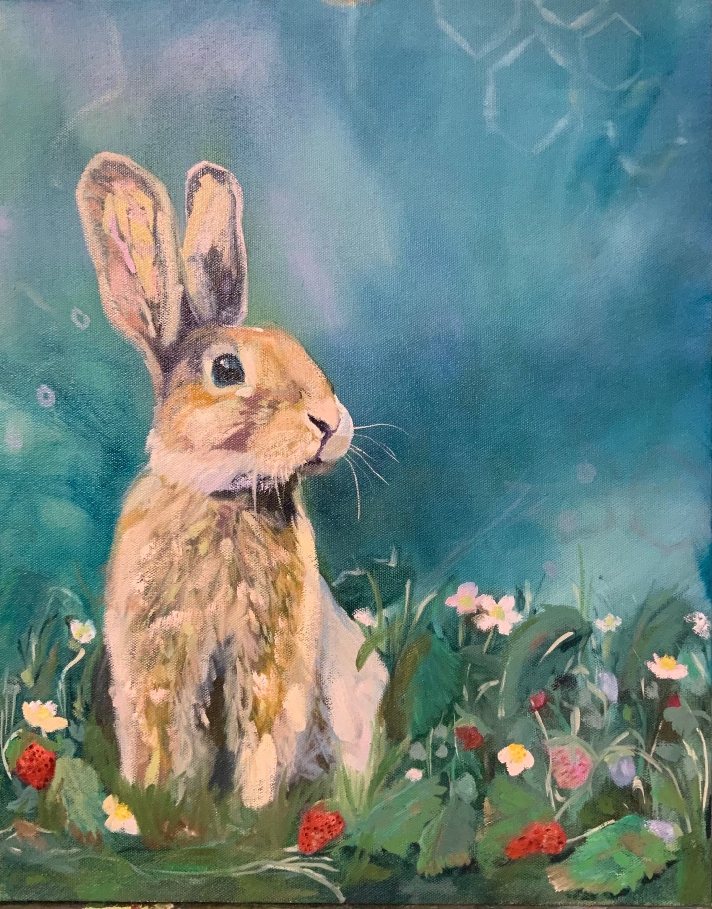 Strawberry Spring III - rabbit art with strawberries by Sarah Andreas showing thoughtful rabbit in strawberry patch