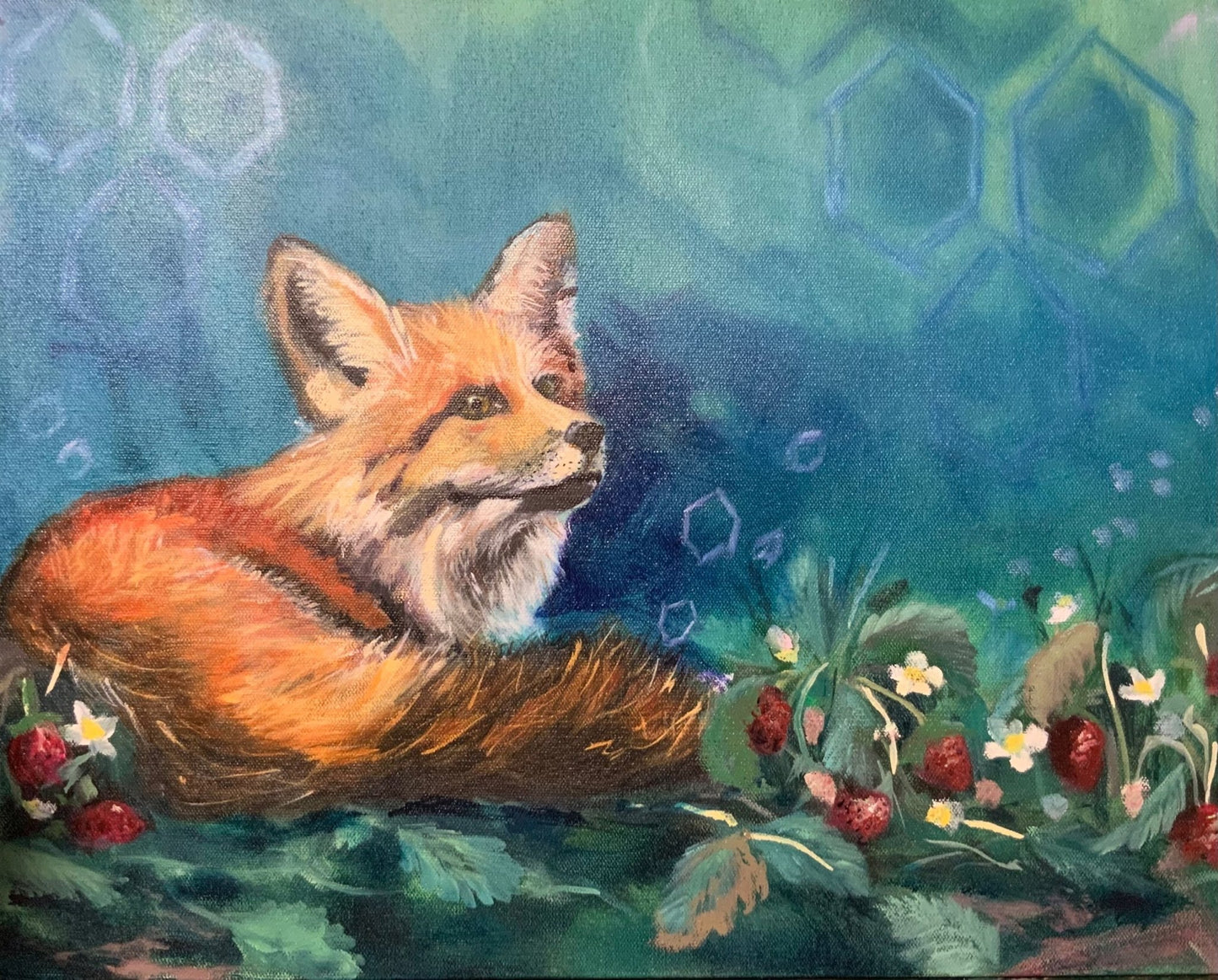 Strawberry Spring IV - fox art with strawberries by Sarah Andreas showing red fox in strawberry field