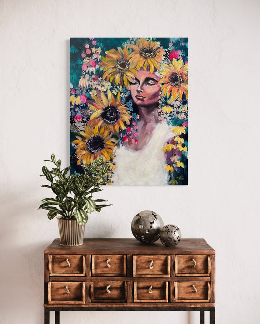 Sunflower Splendor - sunflower art for joy by Sarah Andreas with golden sunflowers and serene figure