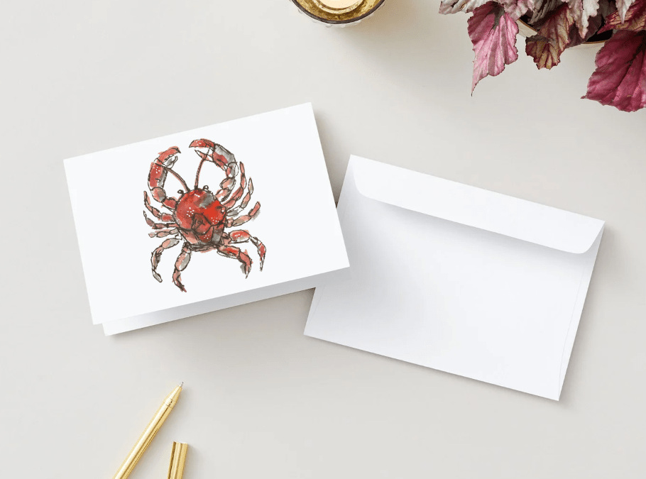Coastal Crimson Crab Art Note Card Set | Sarah Andreas Art | Mixed Media Oil Painting