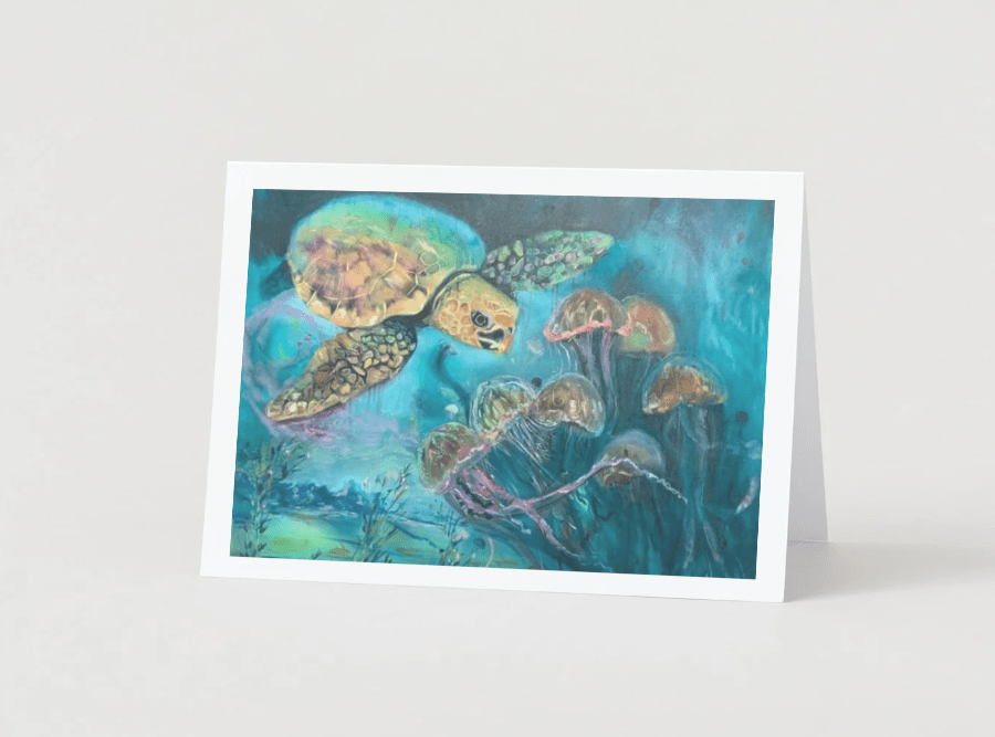 Sea Turtle Art Note Cards - Ocean Animal Greeting Cards by Sarah Andreas (Set of 4) | Sarah Andreas Art | Mixed Media Oil Painting