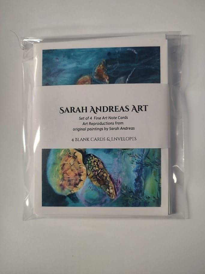 Sea Turtle Art Note Cards - Ocean Animal Greeting Cards by Sarah Andreas (Set of 4) | Sarah Andreas Art | Mixed Media Oil Painting