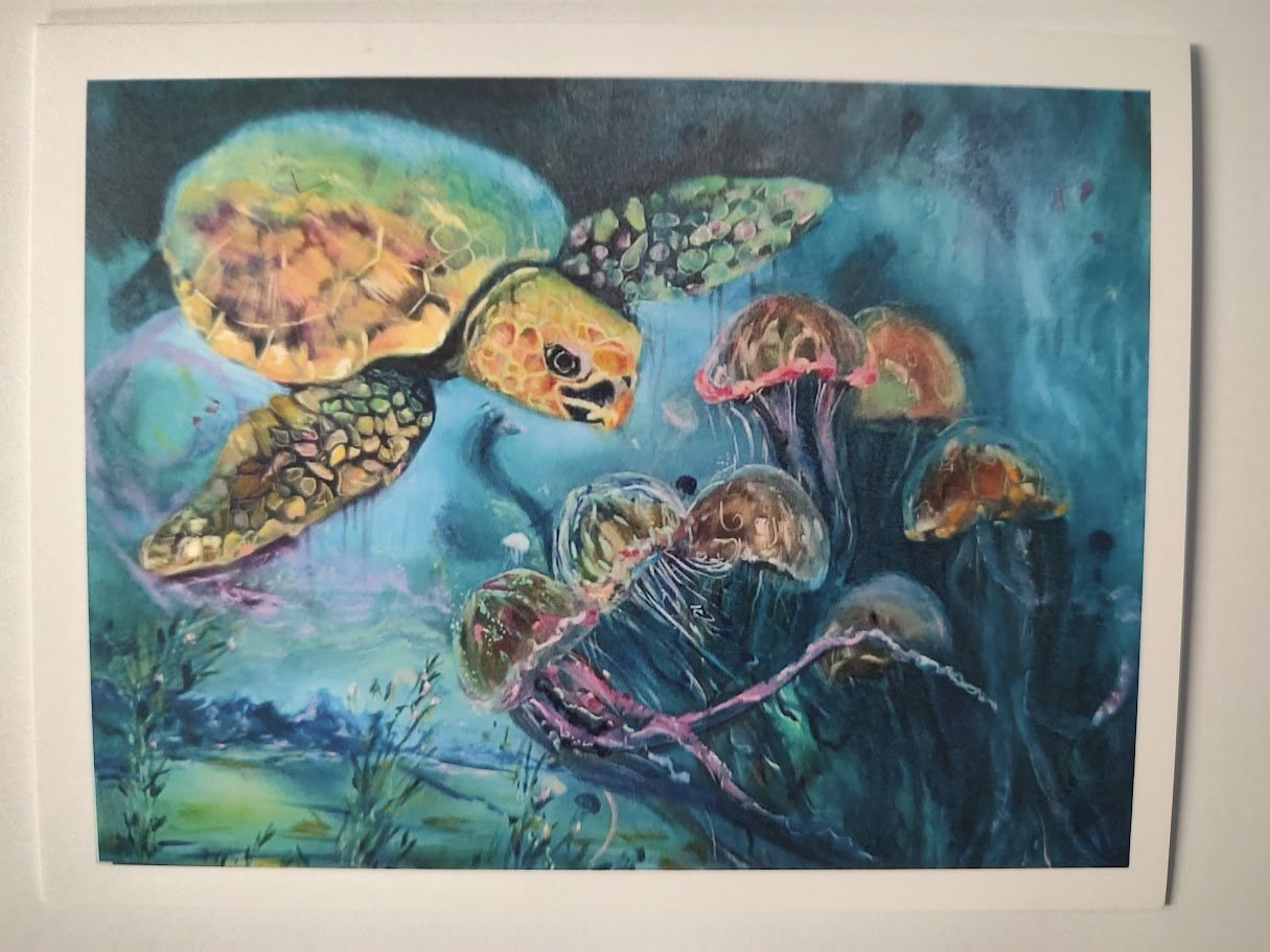 Sea Turtle Art Note Cards - Ocean Animal Greeting Cards by Sarah Andreas (Set of 4) | Sarah Andreas Art | Mixed Media Oil Painting