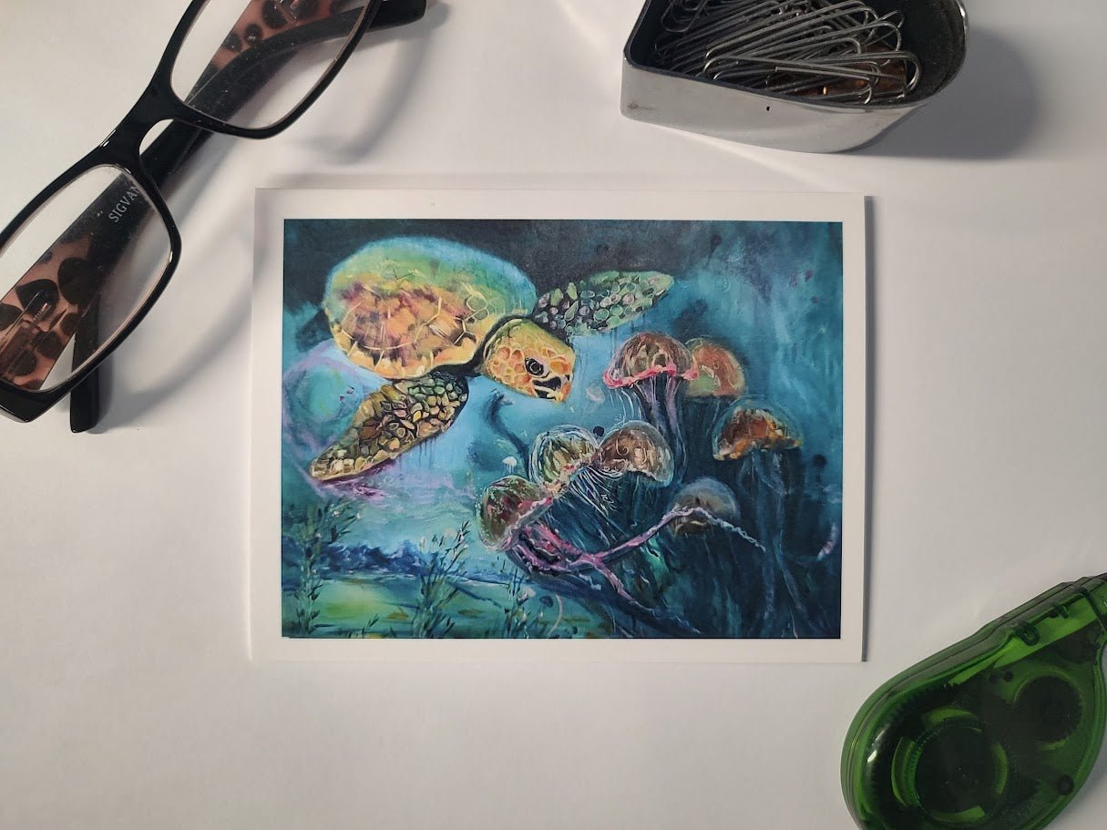 Sea Turtle Art Note Cards - Ocean Animal Greeting Cards by Sarah Andreas (Set of 4) | Sarah Andreas Art | Mixed Media Oil Painting