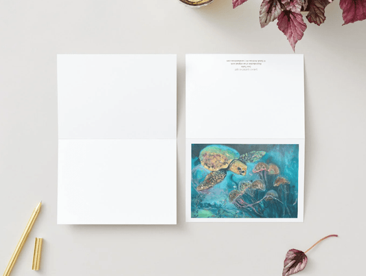 Sea Turtle Art Note Cards - Ocean Animal Greeting Cards by Sarah Andreas (Set of 4) | Sarah Andreas Art | Mixed Media Oil Painting