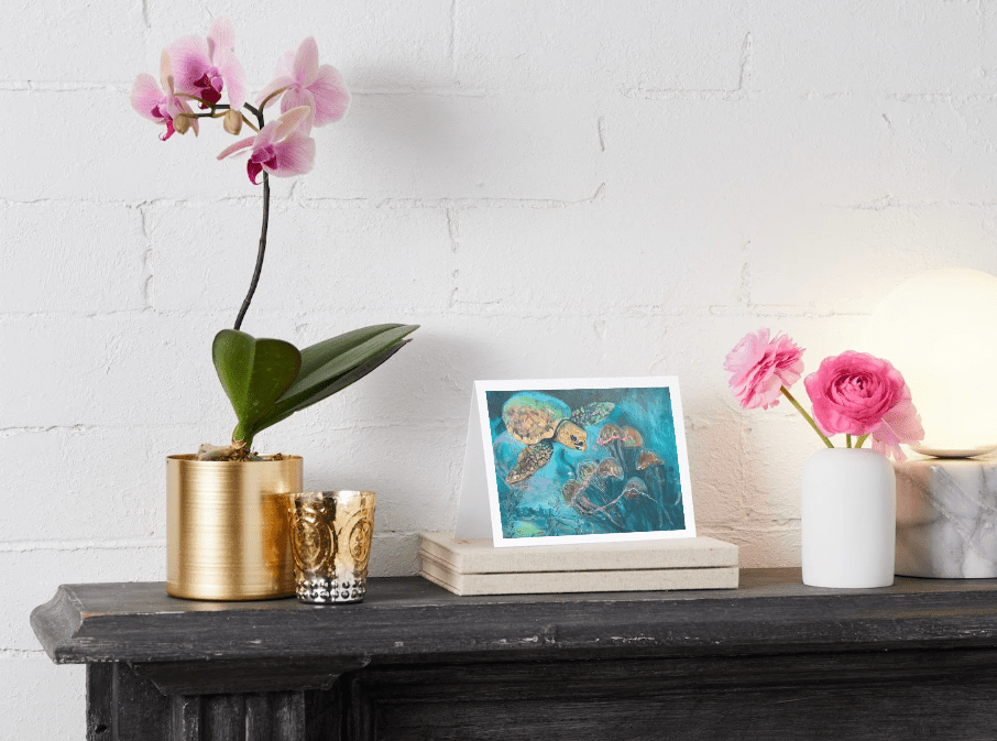 Sea Turtle Art Note Cards - Ocean Animal Greeting Cards by Sarah Andreas (Set of 4) | Sarah Andreas Art | Mixed Media Oil Painting