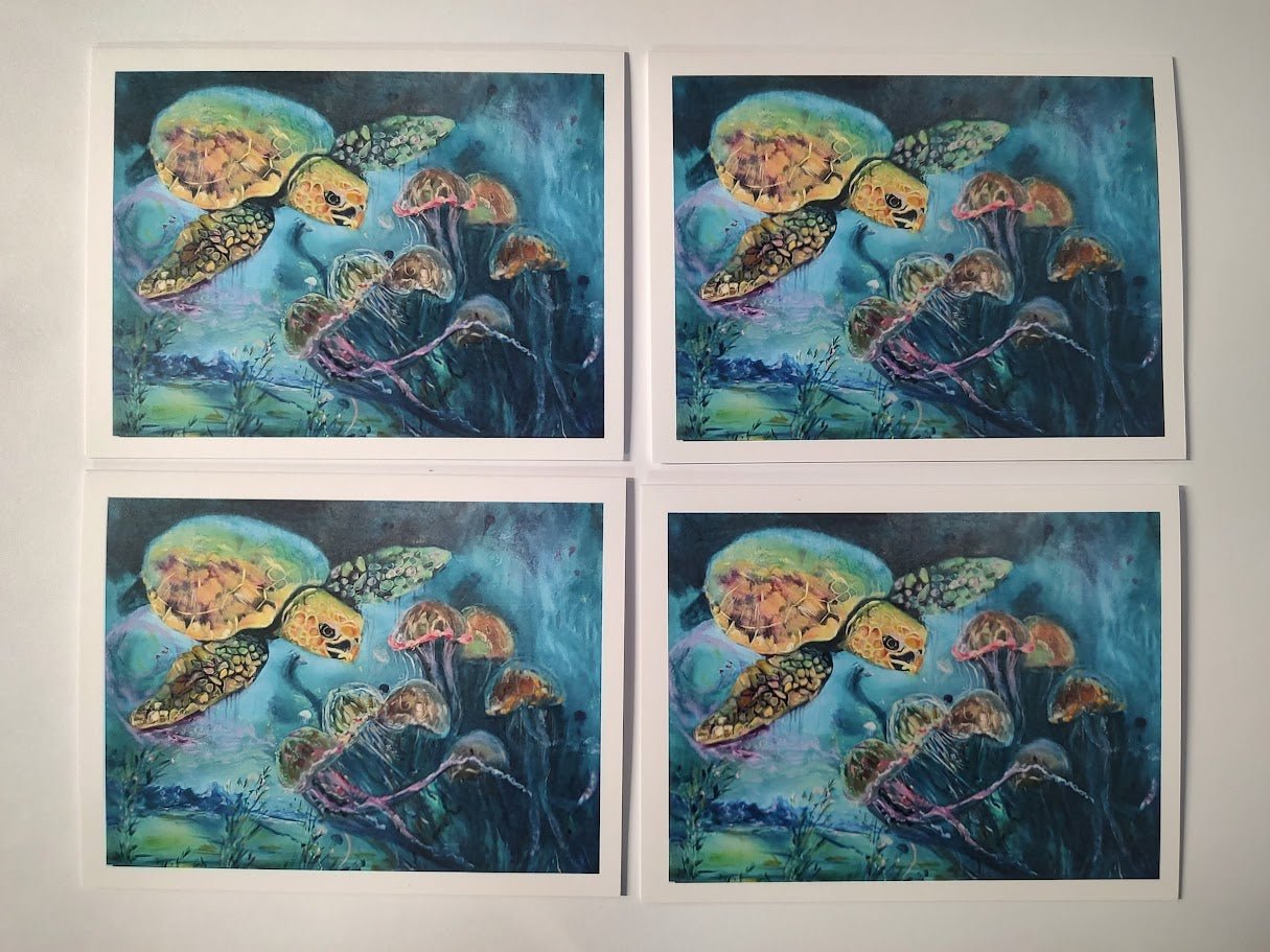 Sea Turtle Art Note Cards - Ocean Animal Greeting Cards by Sarah Andreas (Set of 4) | Sarah Andreas Art | Mixed Media Oil Painting