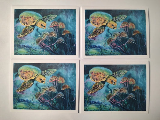 Sea Turtle Art Note Cards - Ocean Animal Greeting Cards by Sarah Andreas (Set of 4) | Sarah Andreas Art | Mixed Media Oil Painting