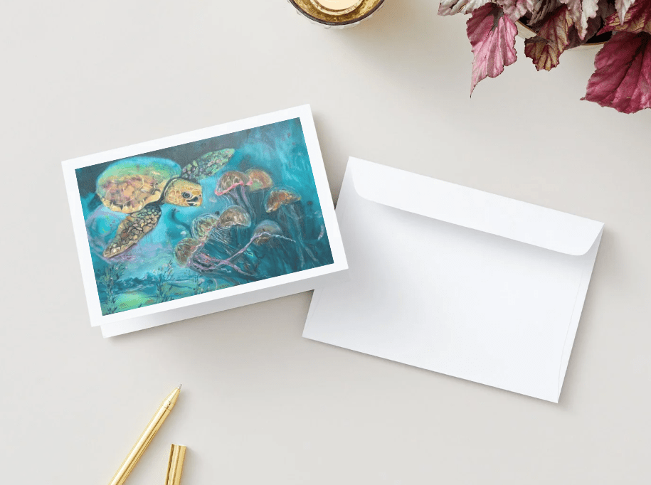 Sea Turtle Art Note Cards - Ocean Animal Greeting Cards by Sarah Andreas (Set of 4) | Sarah Andreas Art | Mixed Media Oil Painting