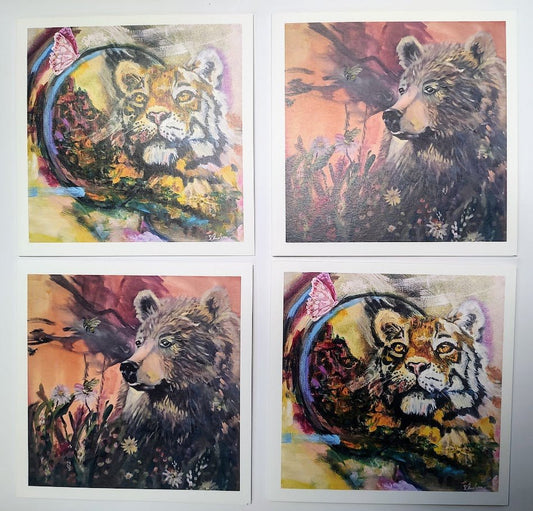 Tiger & Bear Art Note Cards - Mixed Media Animal Spirit Greeting Cards by Sarah Andreas (Set of 4) | Sarah Andreas Art | Mixed Media Oil Painting
